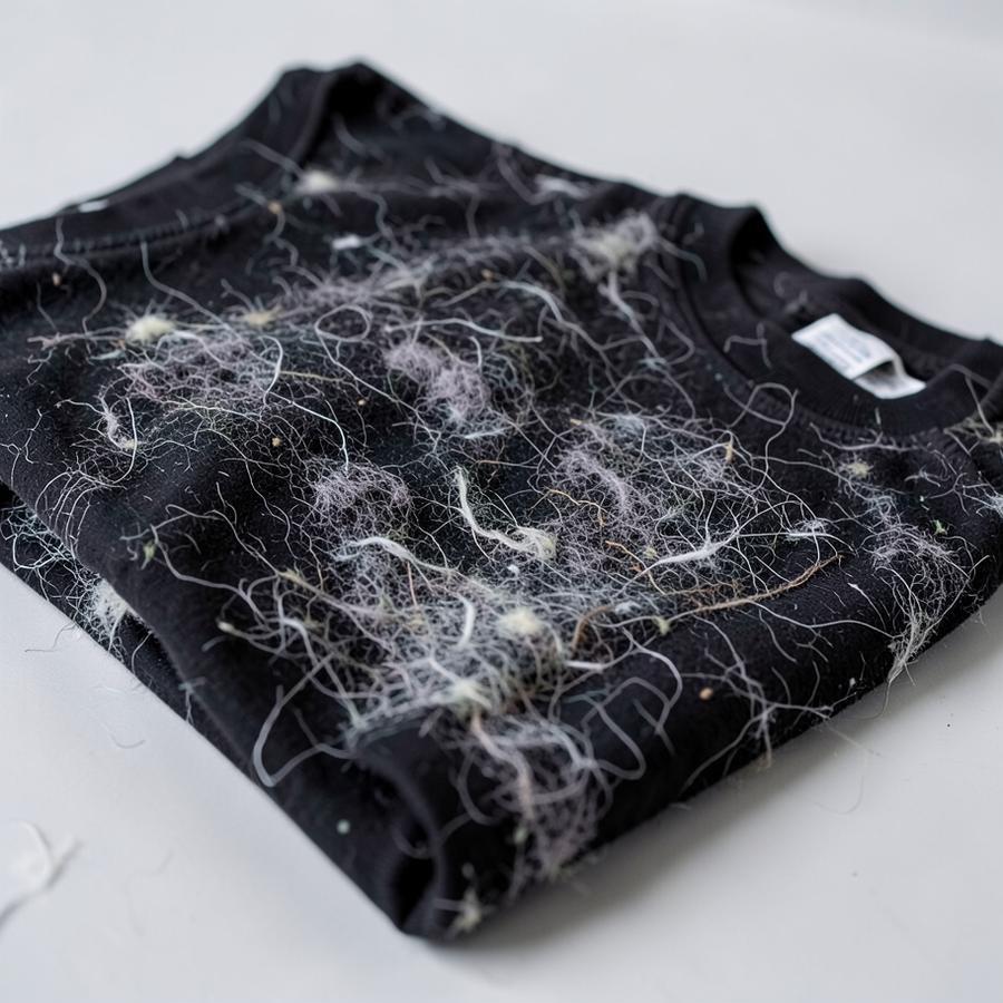 Camiseta preta coberta de pelos e fiapos