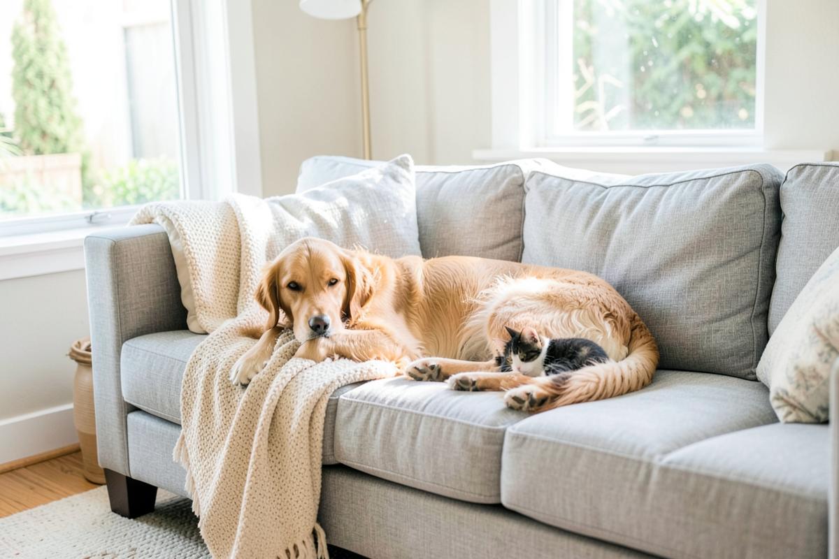 Cachorro e gato deitados em um sofá de tecido claro
